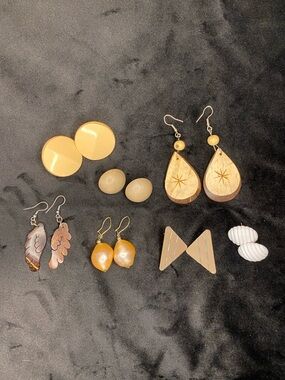 Mixed Neutral Vintage Earring Lot of 7 - Beige, Cream, Brown, White, Wood